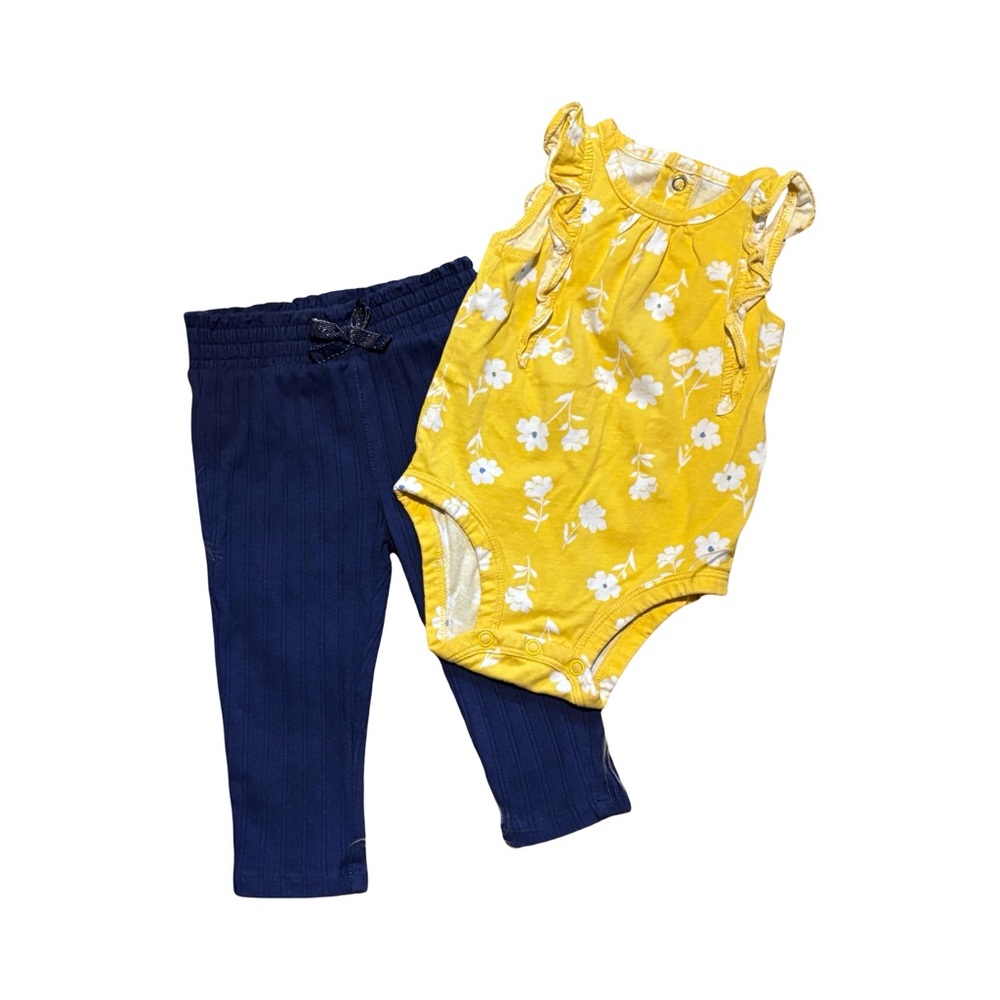 Yellow Floral Bodysuit & Navy Leggings Spring Set Outfit